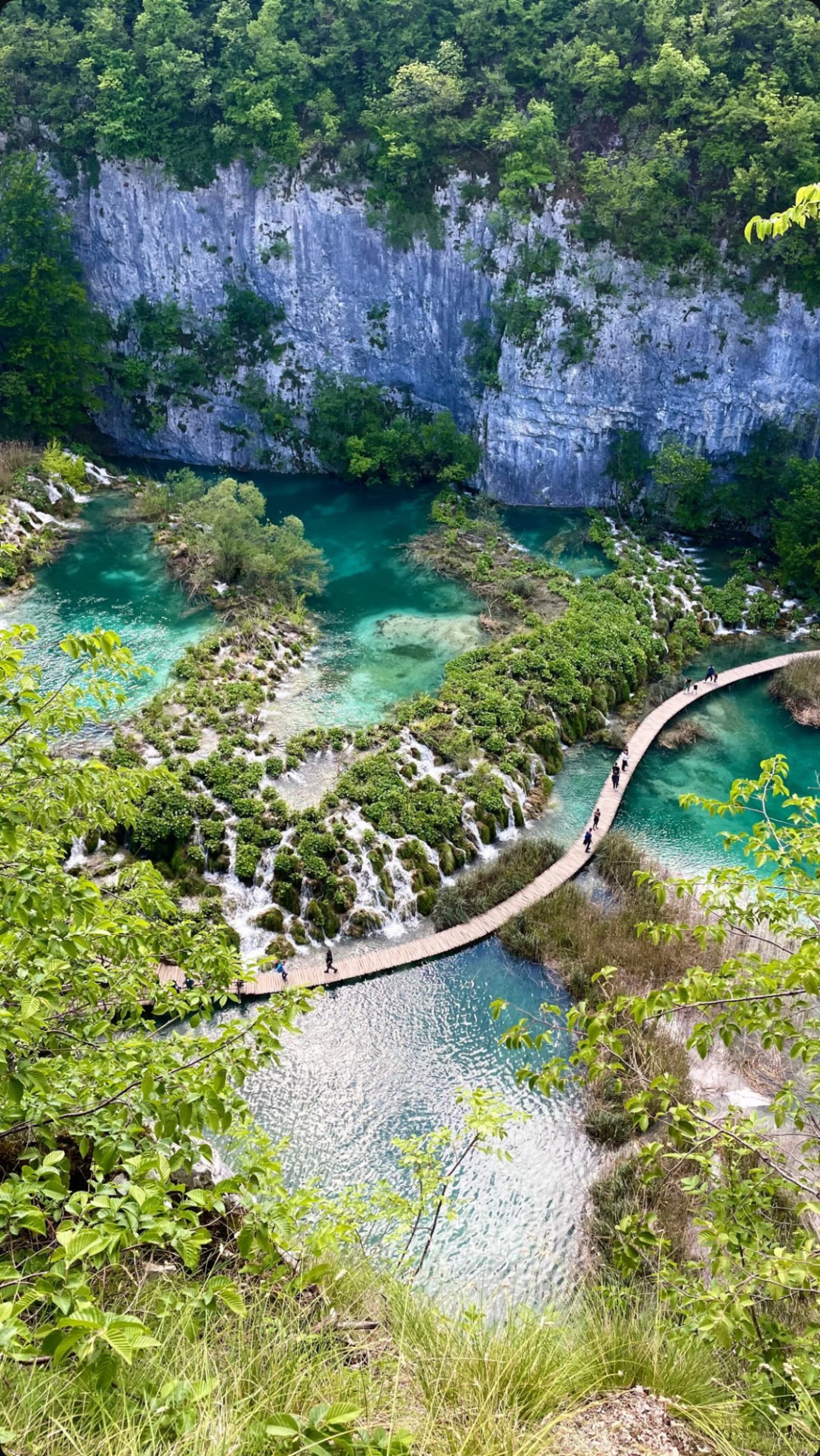 A picture of plitvice lakes national park in Croatia showing a blue/green lake next to a cliff. 