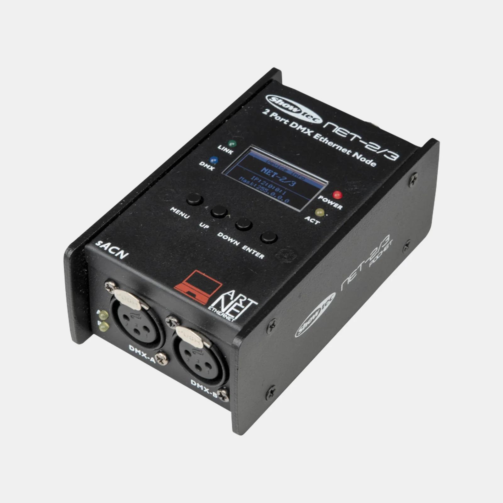 Showtec NET-2/3 Pocket Art-Net-nod snett framifrån med två DMX-utgångar