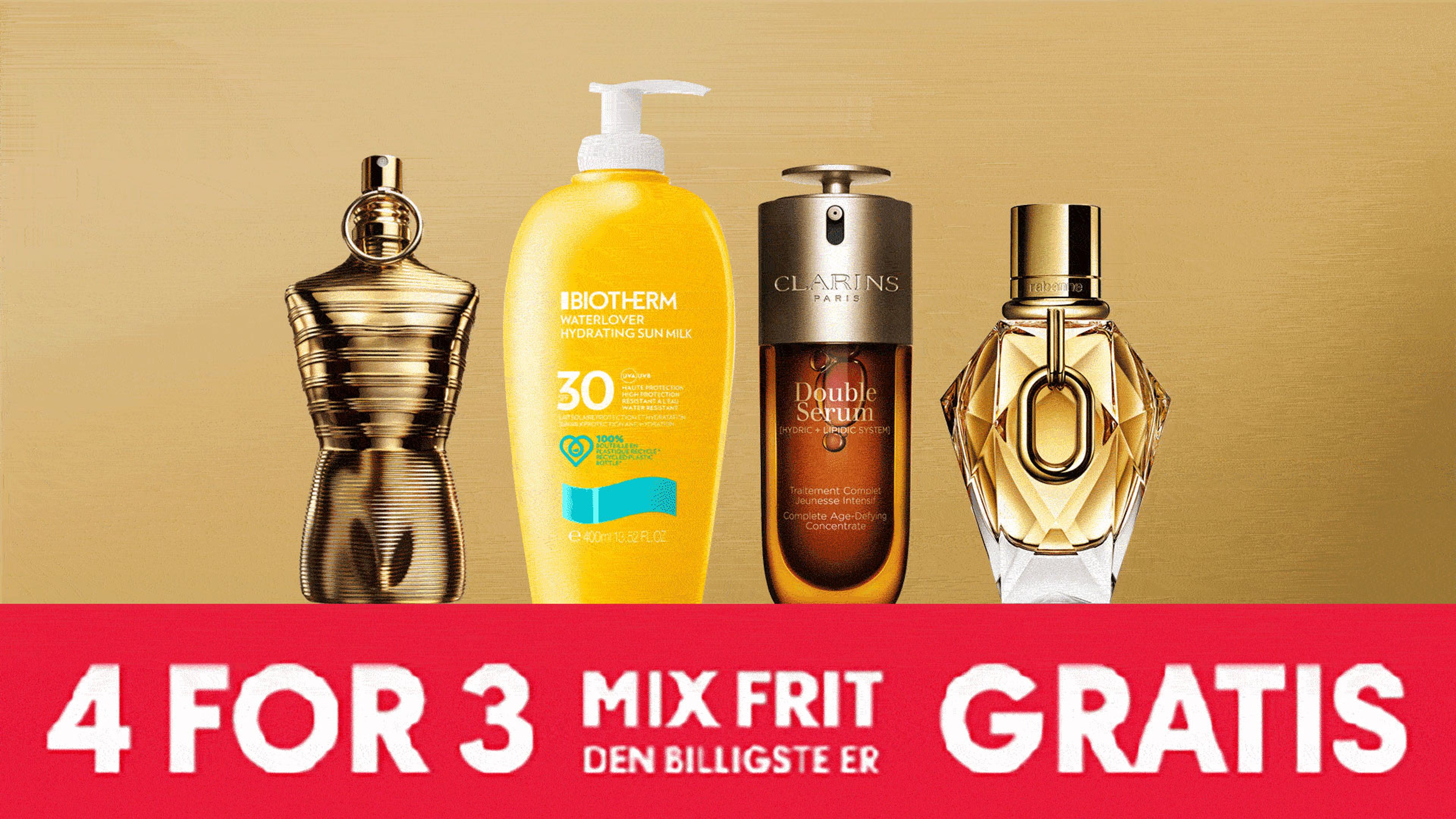 Advertisement for four beauty products (perfume, sunscreen, serum) with a 'Buy 3 Get 1 Free' offer.