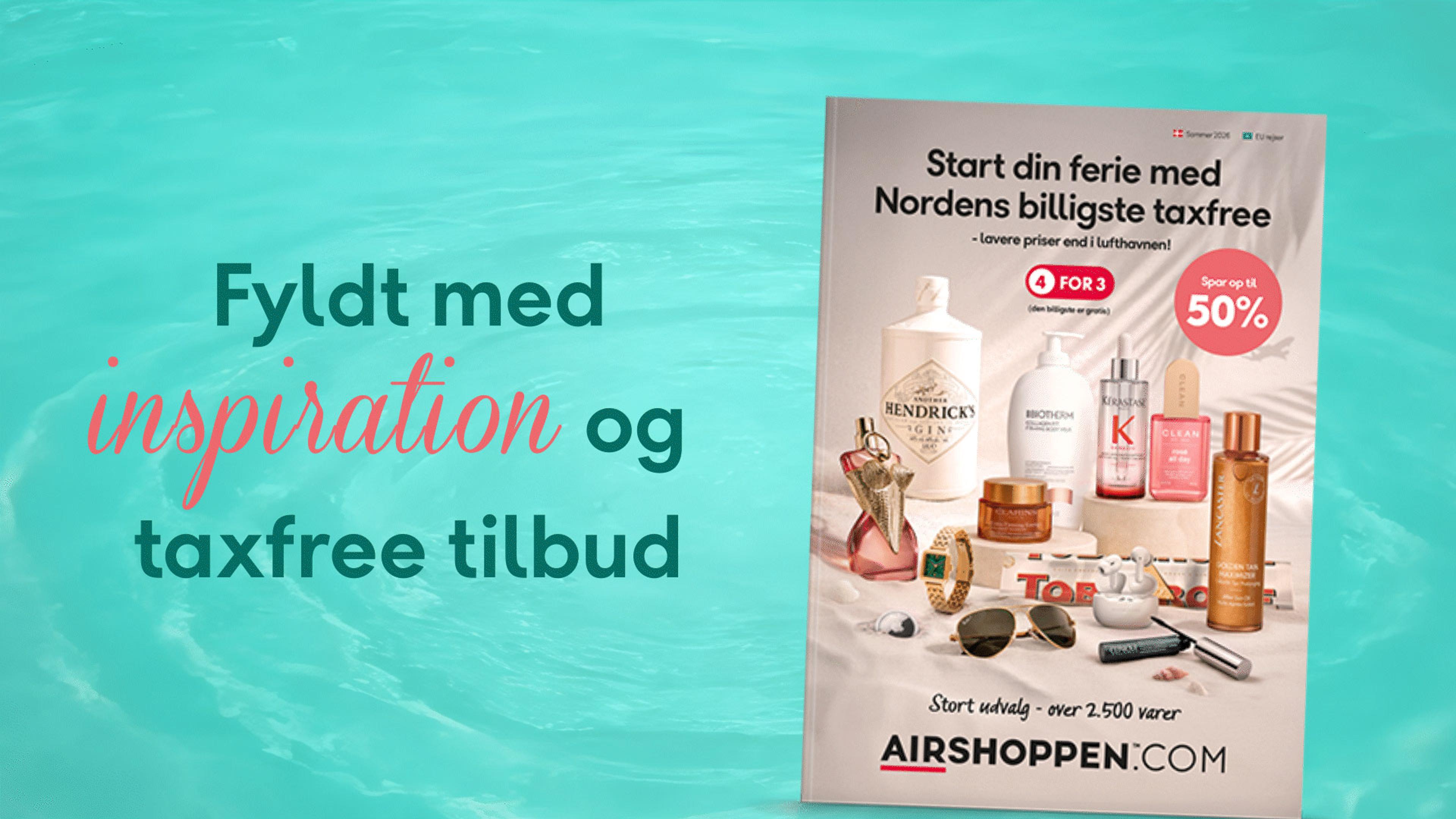 An Airshoppen ad featuring a catalog of tax-free gin, perfume, skincare, and accessories, next to the text "Fyldt med og taxfree tilbud."