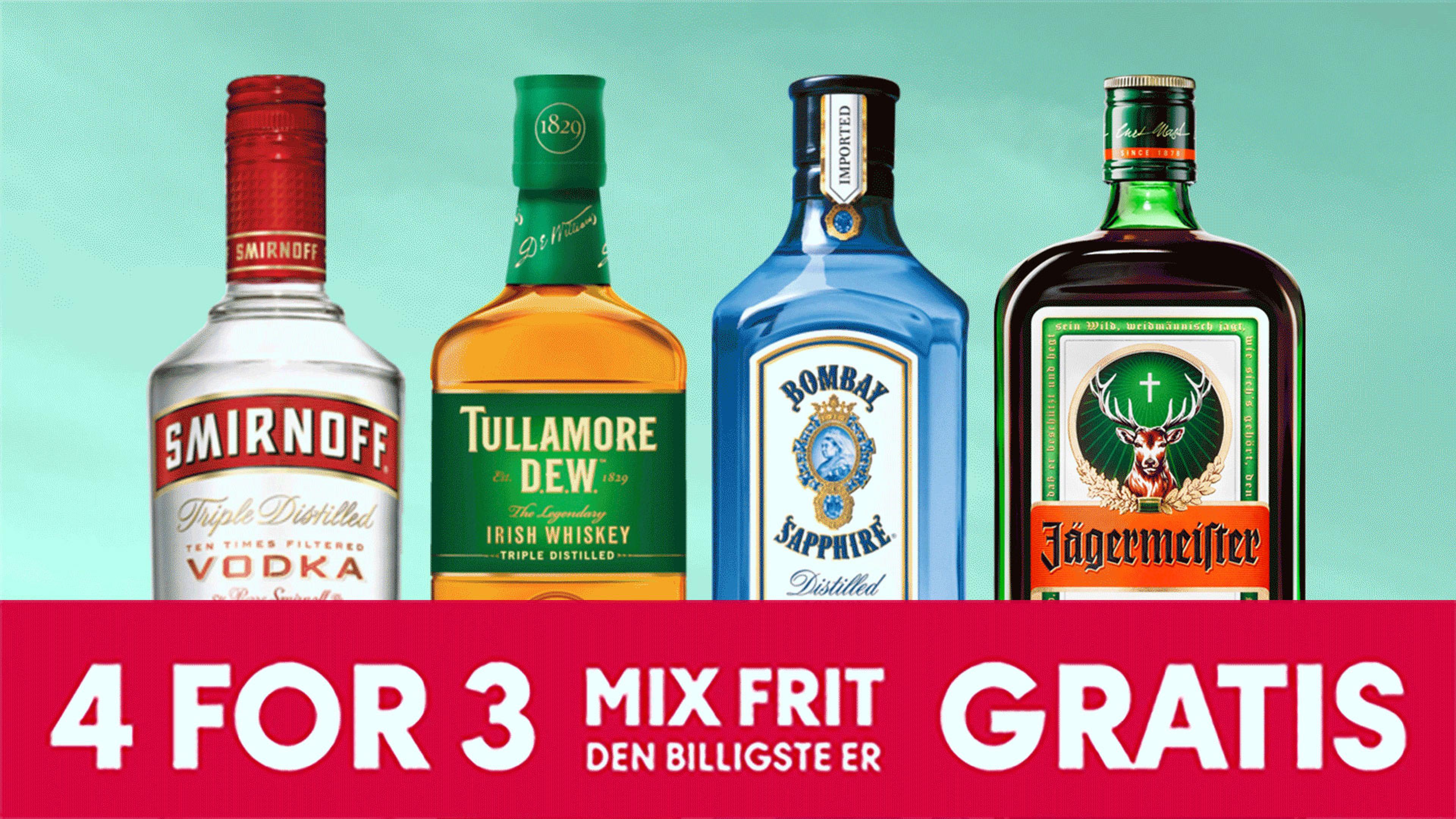 Four bottles of Smirnoff, Tullamore Dew, Bombay Sapphire, and Jägermeister with a "4 for 3" offer.