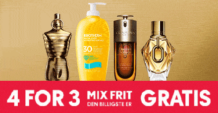 Four beauty products (perfumes, sunscreen, and serum) displayed with a red banner announcing a 'buy 3 get 1 free' offer.