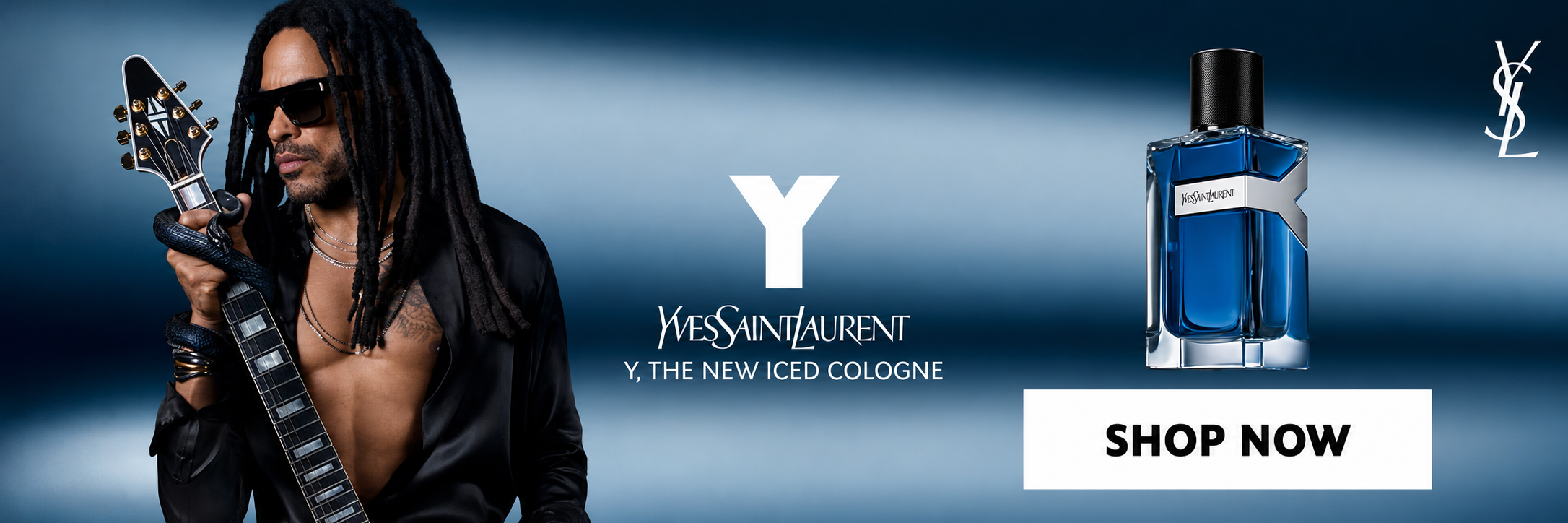 Lenny Kravitz holding a guitar, advertising Yves Saint Laurent Y, The New Iced Cologne, with a "Shop Now" button.