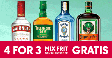 Four bottles of spirits: Plantation Rum, Bombay Sapphire, Tanqueray No. TEN, and Jägermeister, advertising a 'buy 4, get 1 free' promotion.