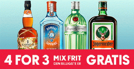 Four bottles of liquor (Plantation Rum, Bombay Sapphire Gin, Tanqueray No. TEN, Jägermeister) above a banner offering "4 FOR 3" where the cheapest item is free.