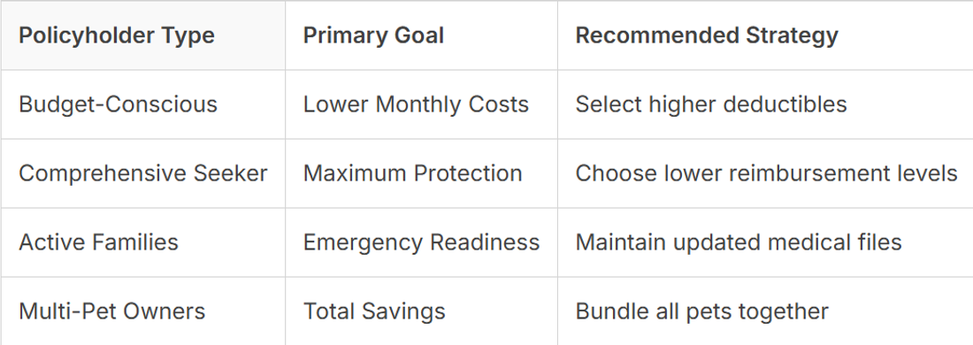 Table showing recommended strategy and primary goals for different policyholder types.