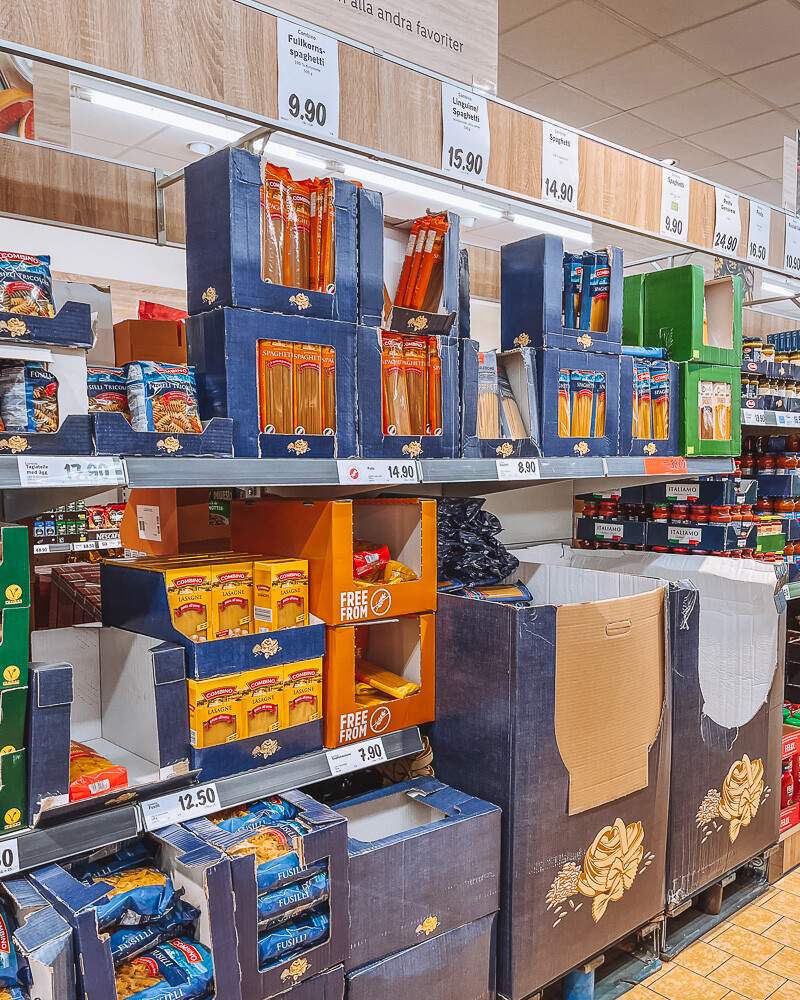 Pâtes au supermarché Lidl en Suède