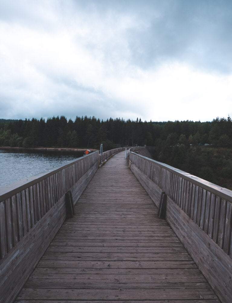 wooden path on reservoir