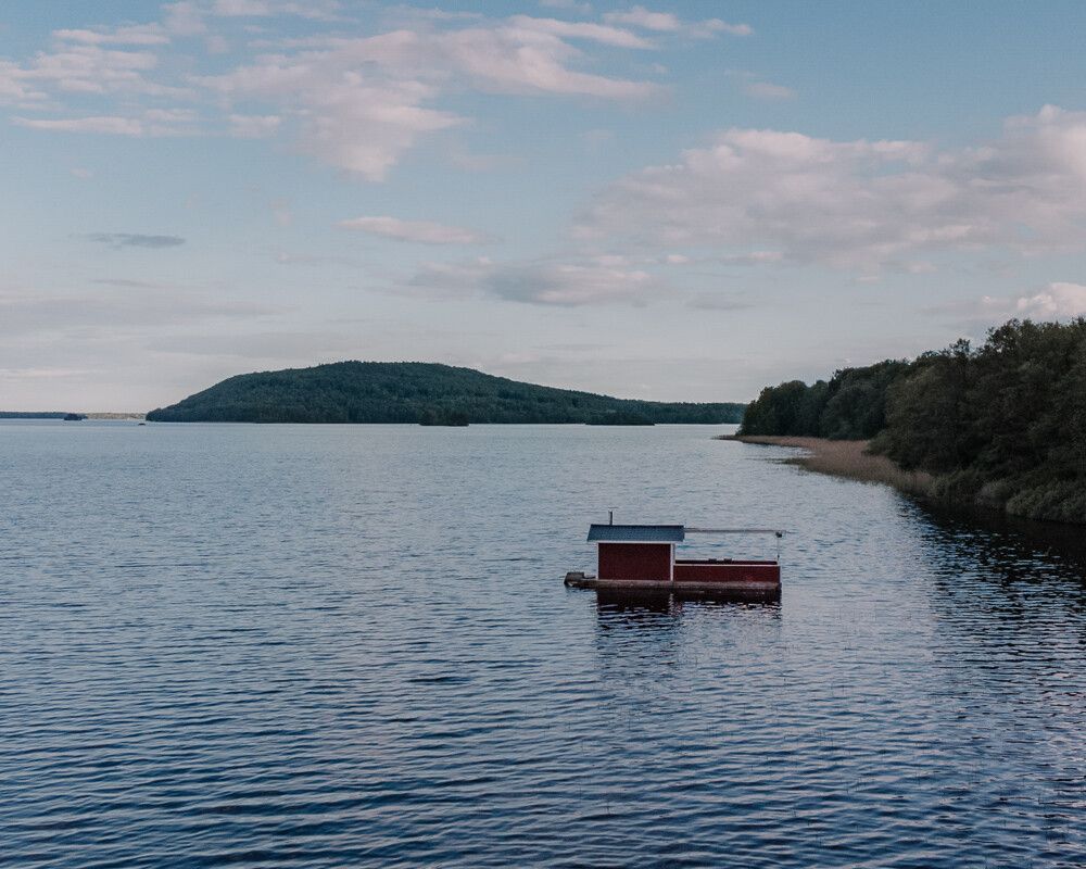 Drone Lake Sweden with boathouse