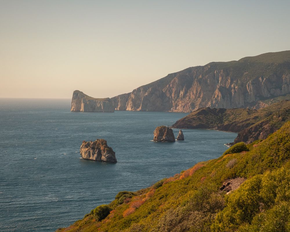 Côte de la Sardaigne avec des falaises escarpées et des buissons verts.