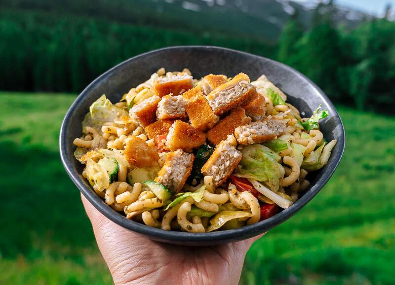 pasta pesto salad with mountain view