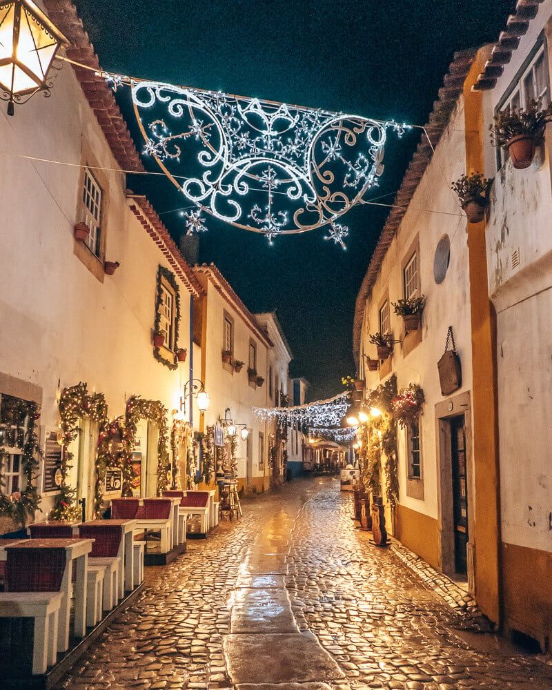 christmas lights in small medieval street
