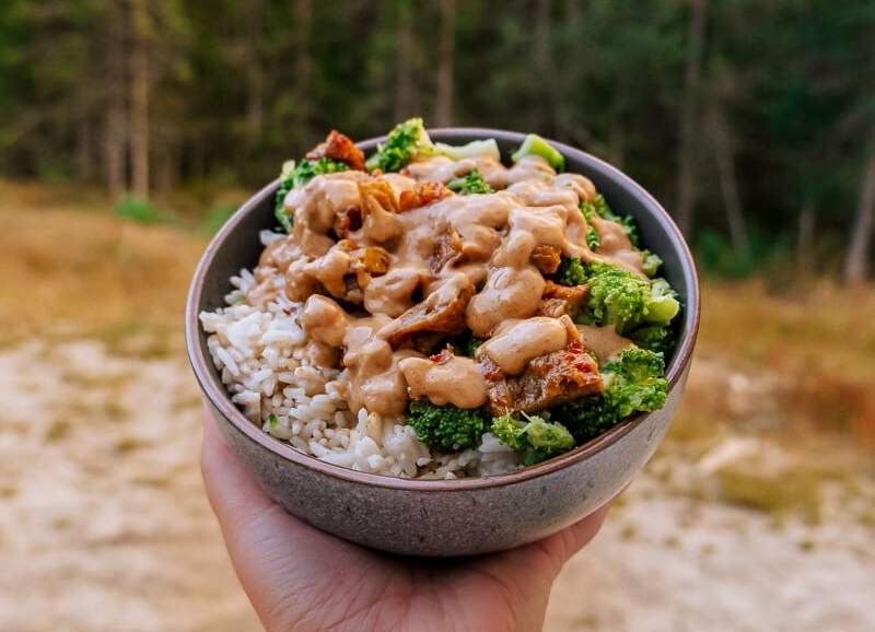 Peanut dressing rice bowl with trees in background