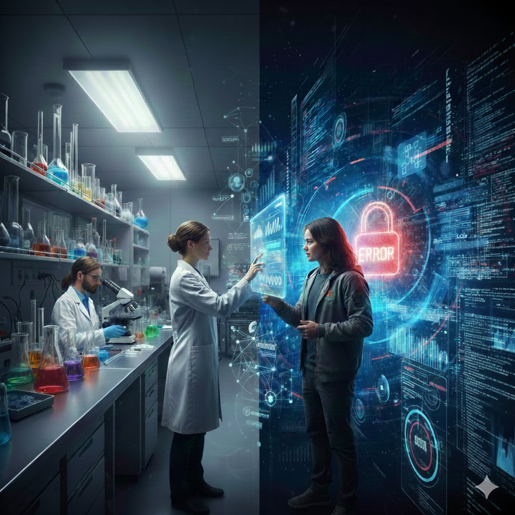 A visually striking image showing a collaboration gap in science. In the foreground, a woman (resembling the author) in a lab coat is standing in a wet-lab environment, reaching towards a massive, digital wall of data, code, and a prominent red 'ERROR' lock. This illustrates the computational bottleneck faced by wet-lab researchers and the role of hybrid scientists in bridging that divide