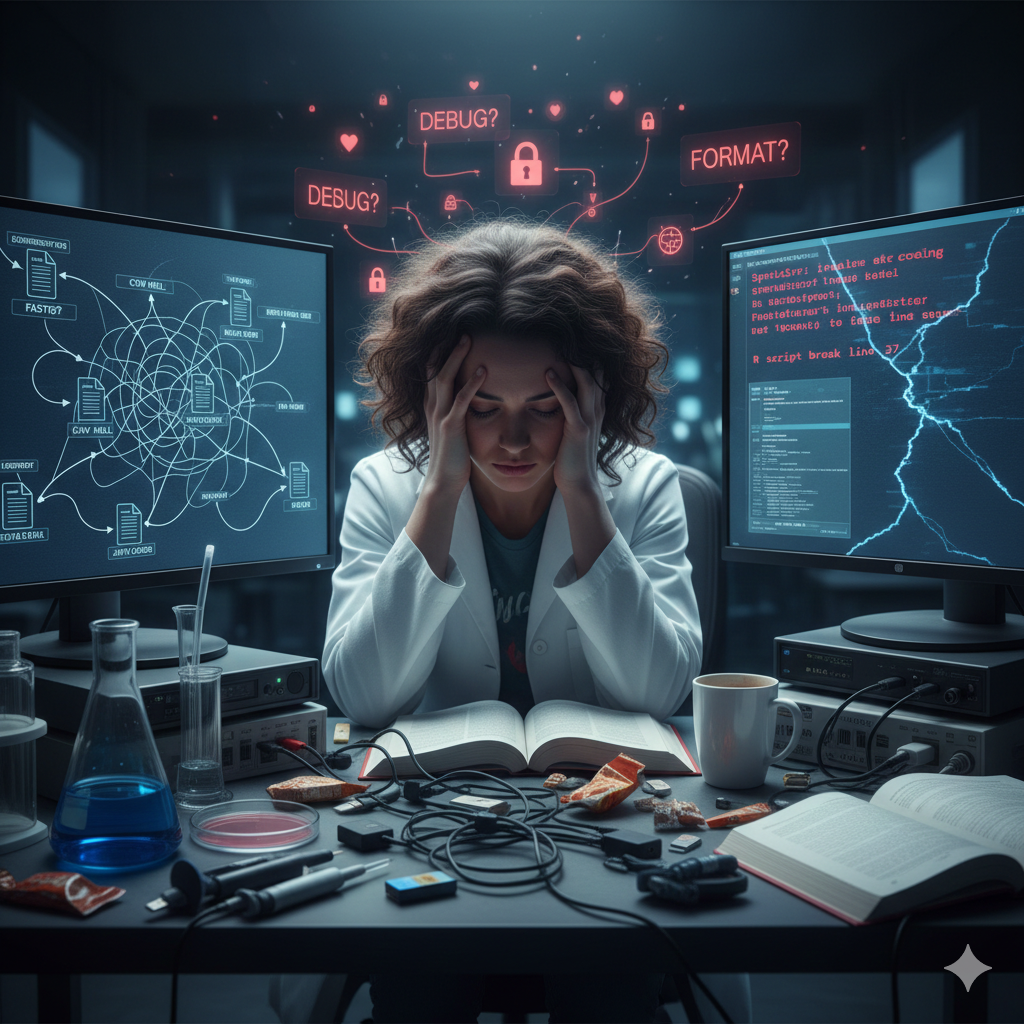 A close-up of a scientist in a lab coat, looking stressed with their head in their hands, sitting at a desk cluttered with both wet-lab tools (beakers, petri dishes) and computational elements (cables, dual monitors). The monitors display broken code and a chaotic flowchart of file formats, illustrating the frustration of troubleshooting computational problems with a wet-lab background.