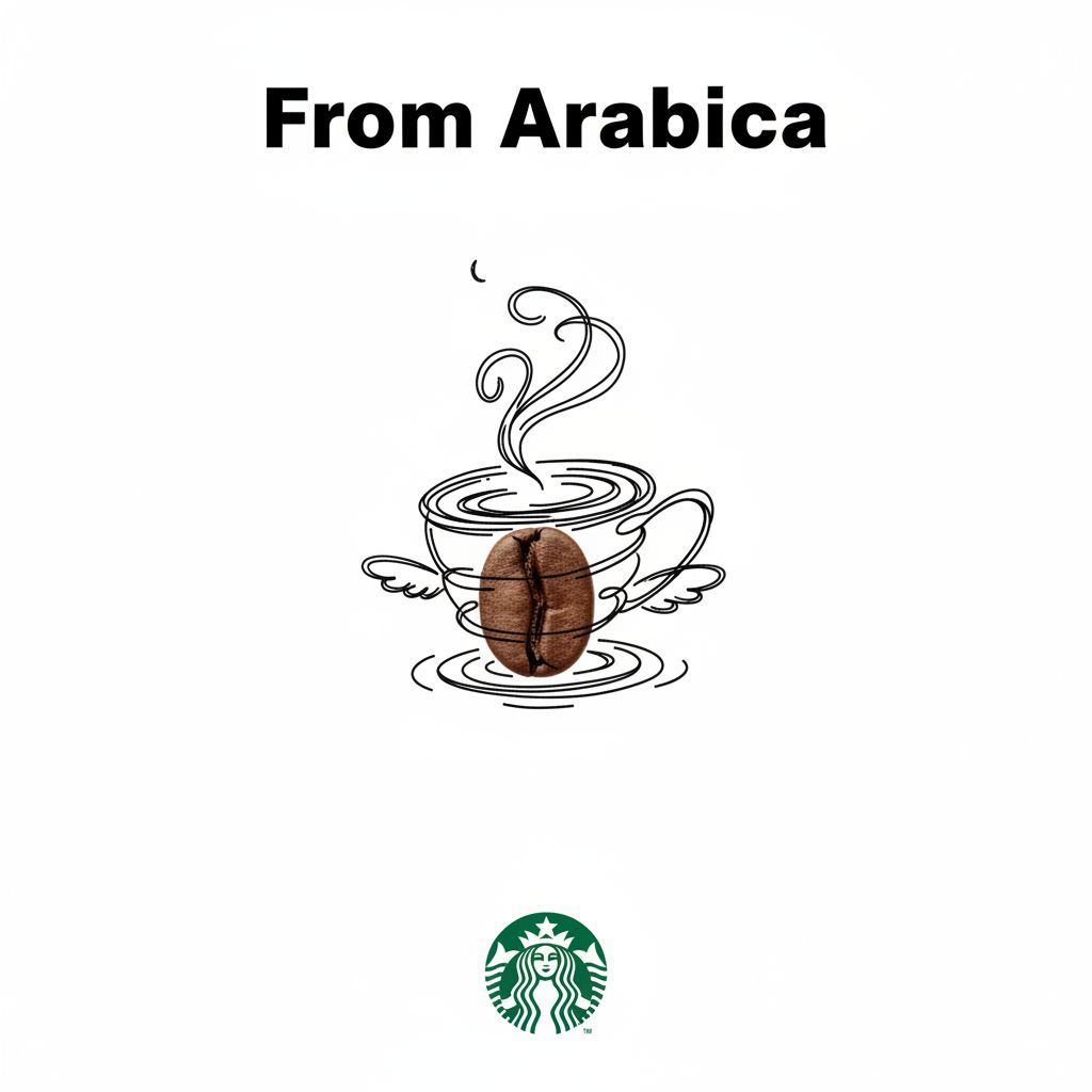 A minimalist and creative ad, set on a pure white background. A real [coffee bean] is combined with a hand-drawn black ink doodle, featuring loose and playful lines. The doodle depicts: [Doodle concept and interaction: interacting with the object in a clever and imaginative way]. Add the bold, black text [From Arabica] at the top or in the middle. The [Starbucks] logo is clearly placed at the bottom. The visual should be clean, playful, high-contrast, and cleverly conceptualized.
