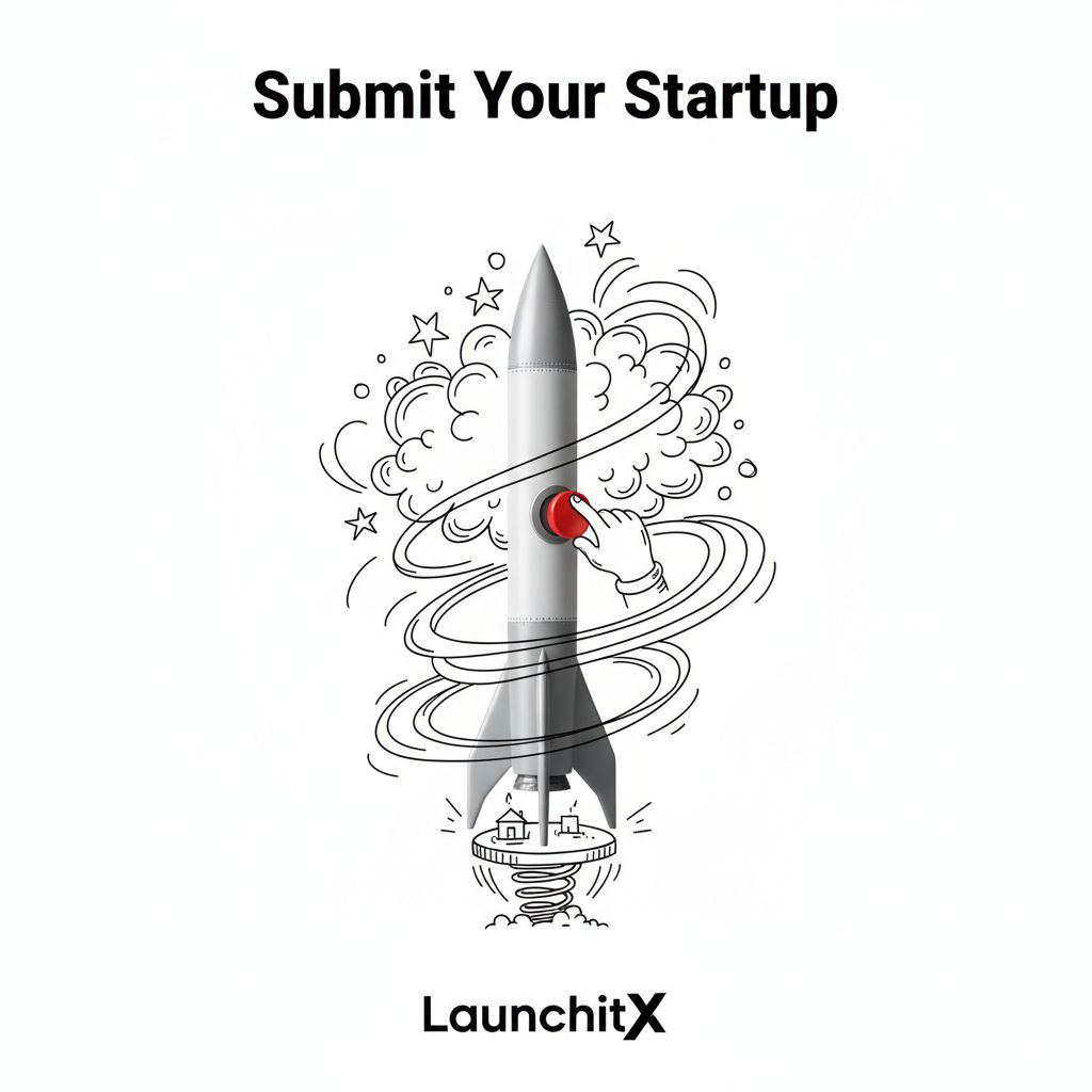 A minimalist and creative ad, set on a pure white background. A real [rocket] is combined with a hand-drawn black ink doodle, featuring loose and playful lines. The doodle depicts: [Doodle concept and interaction: interacting with the object in a clever and imaginative way]. Add the bold, black text [Submit Your Startup] at the top or in the middle. The [LaunchitX] logo is clearly placed at the bottom. The visual should be clean, playful, high-contrast, and cleverly conceptualized.