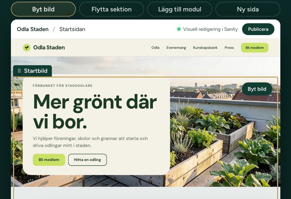 En förbundswebbplats med Sanitys visuella redigering ovanpå: startbilden är markerad och kan bytas direkt på sidan.