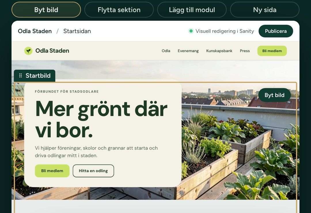 En förbundswebbplats med Sanitys visuella redigering ovanpå: startbilden är markerad och kan bytas direkt på sidan.