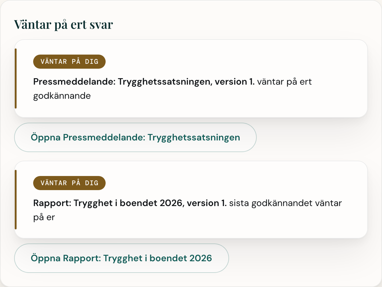 Portalens startsida med rubriken Väntar på ert svar och en lista över leveranser att granska.