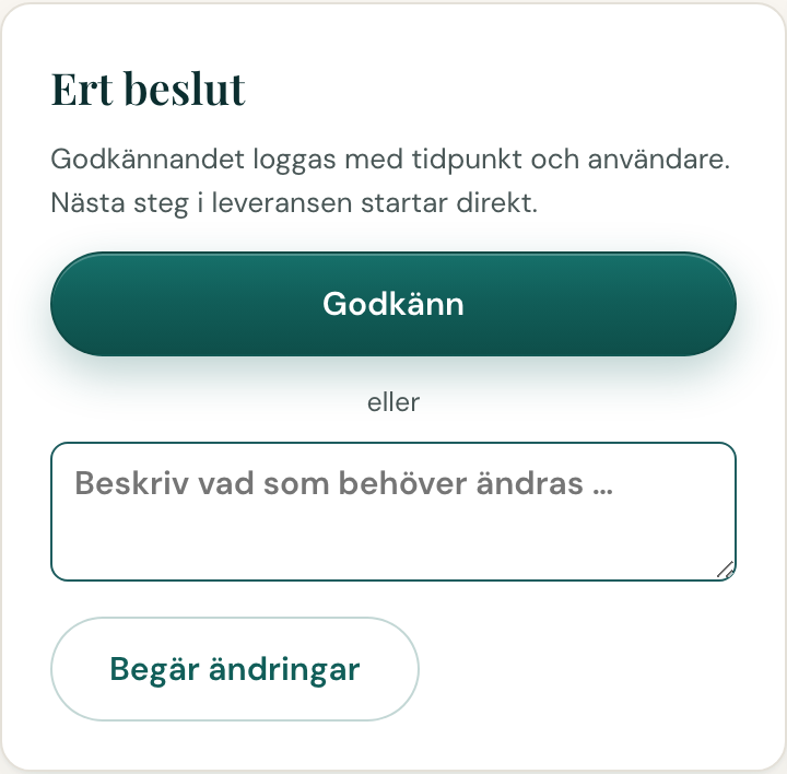 Ett granskningsläge med rutan Ert beslut, där kunden godkänner eller ber om ändringar.