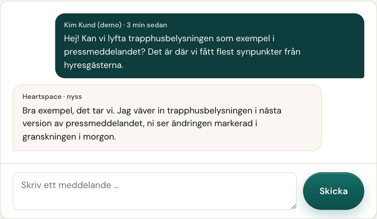 En tråd med kommentarer och svar intill en leverans.