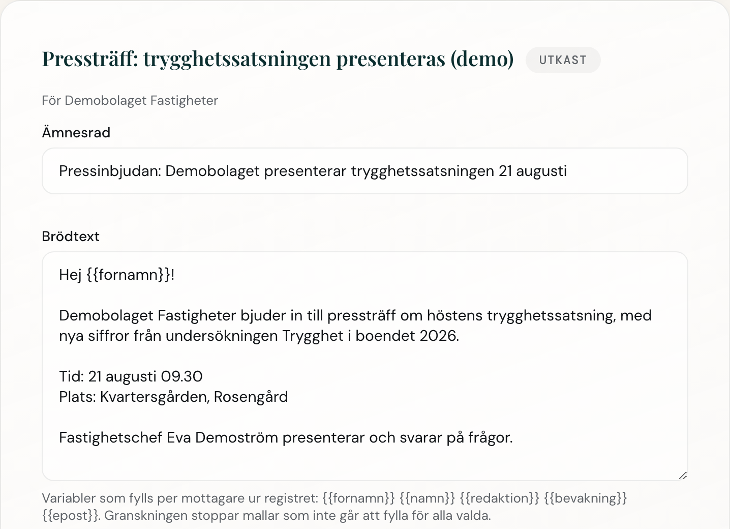 Ett utskick under arbete i portalen, med ämnesrad, text och fält som fylls i per mottagare.