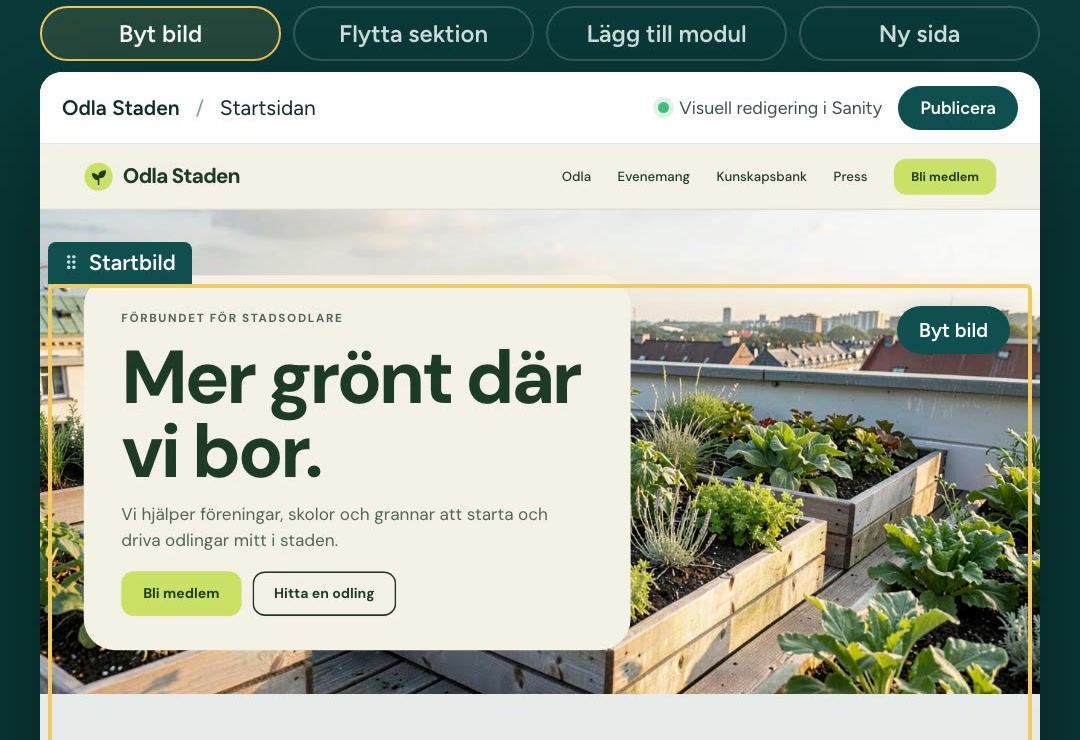 En förbundswebbplats med Sanitys visuella redigering ovanpå: startbilden är markerad och kan bytas direkt på sidan.