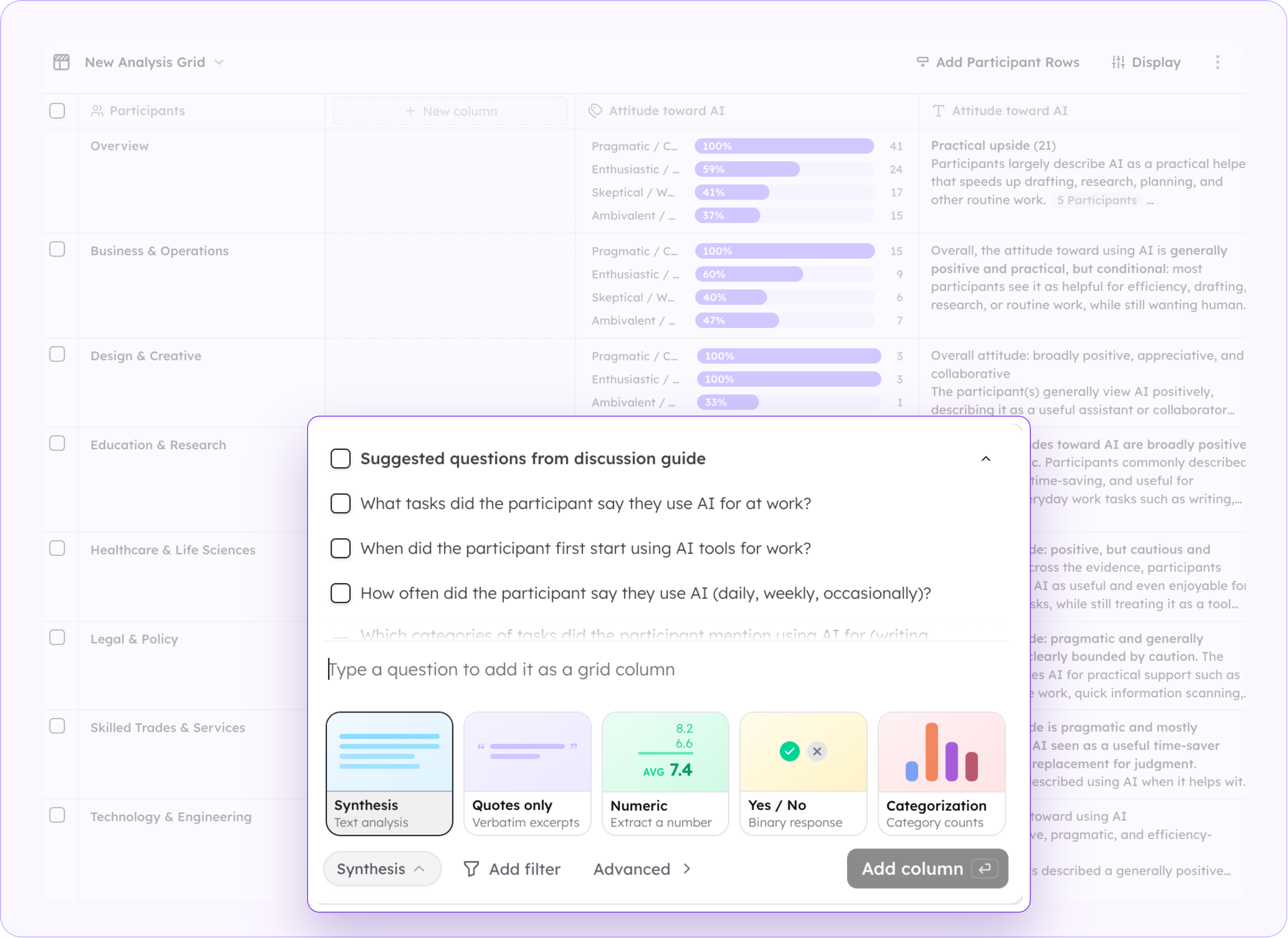 The Analysis Grid interface, with participant rows, results columns, and a dialog for adding a new question.