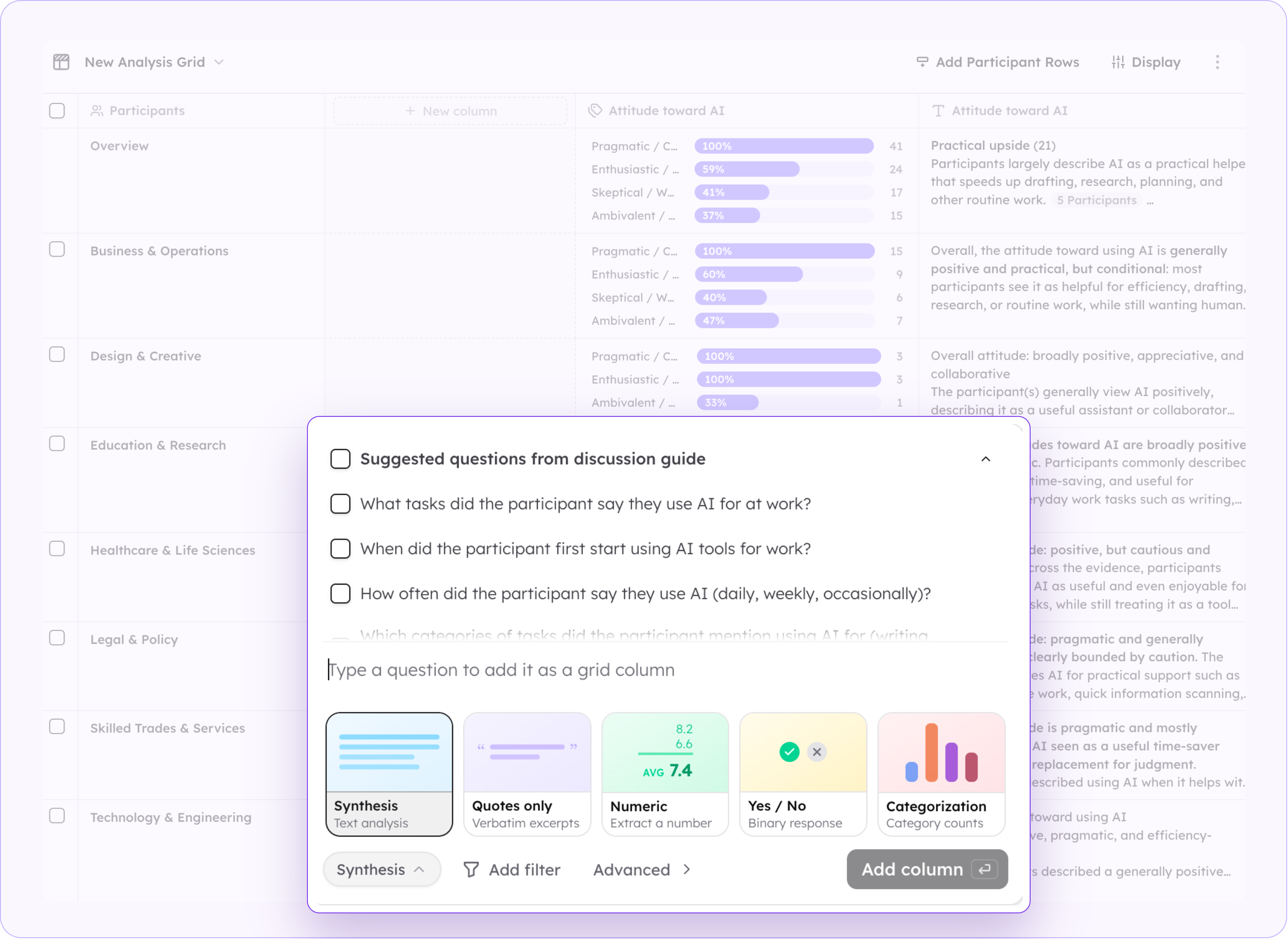 The Analysis Grid interface, with participant rows, results columns, and a dialog for adding a new question.