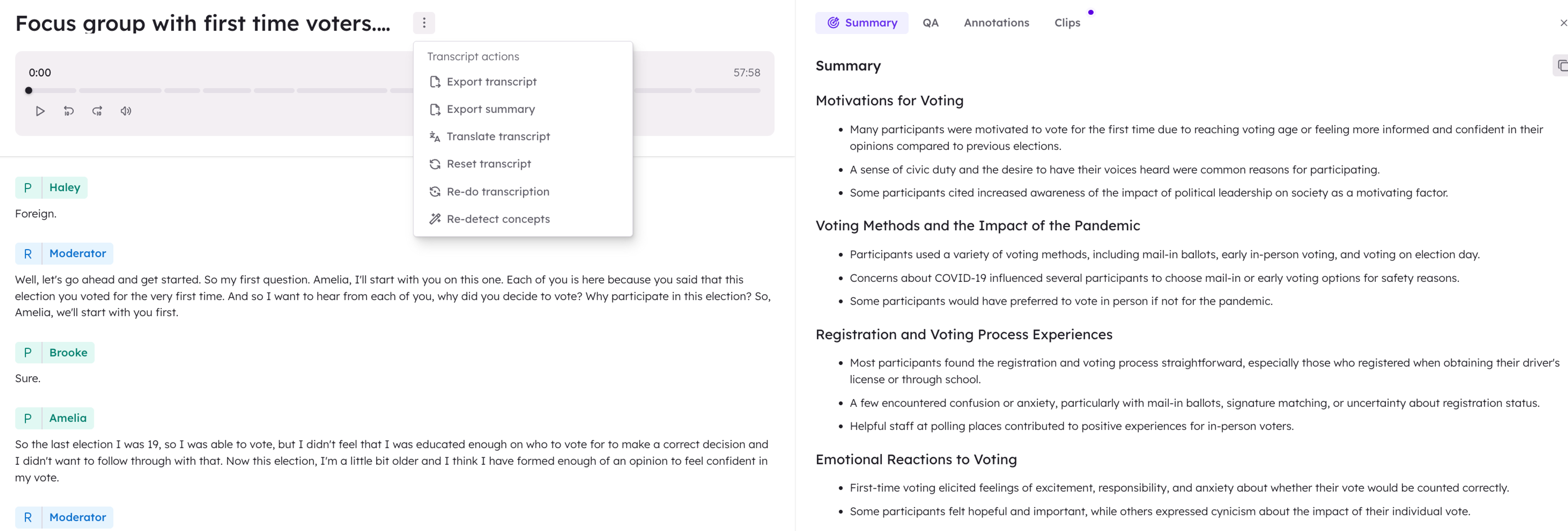 Transcript actions menu with the Re-do transcription option