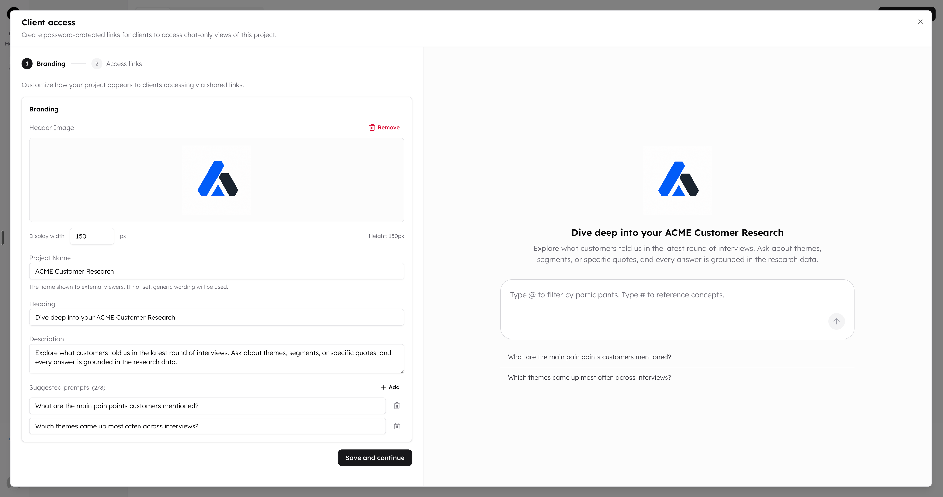 Client access setup on the Branding step, with a live preview of the client chat page