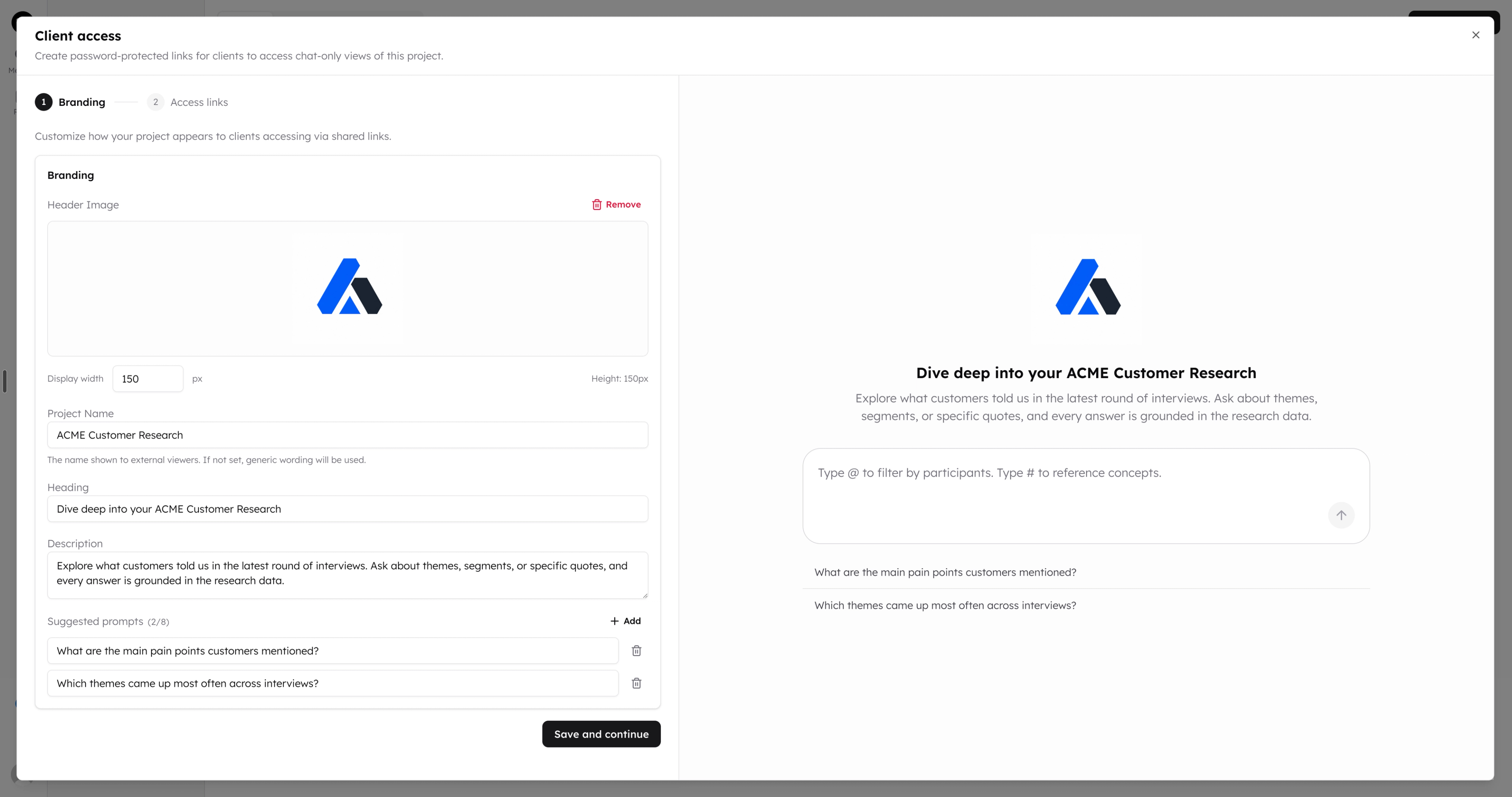 Client access setup on the Branding step, with a live preview of the client chat page
