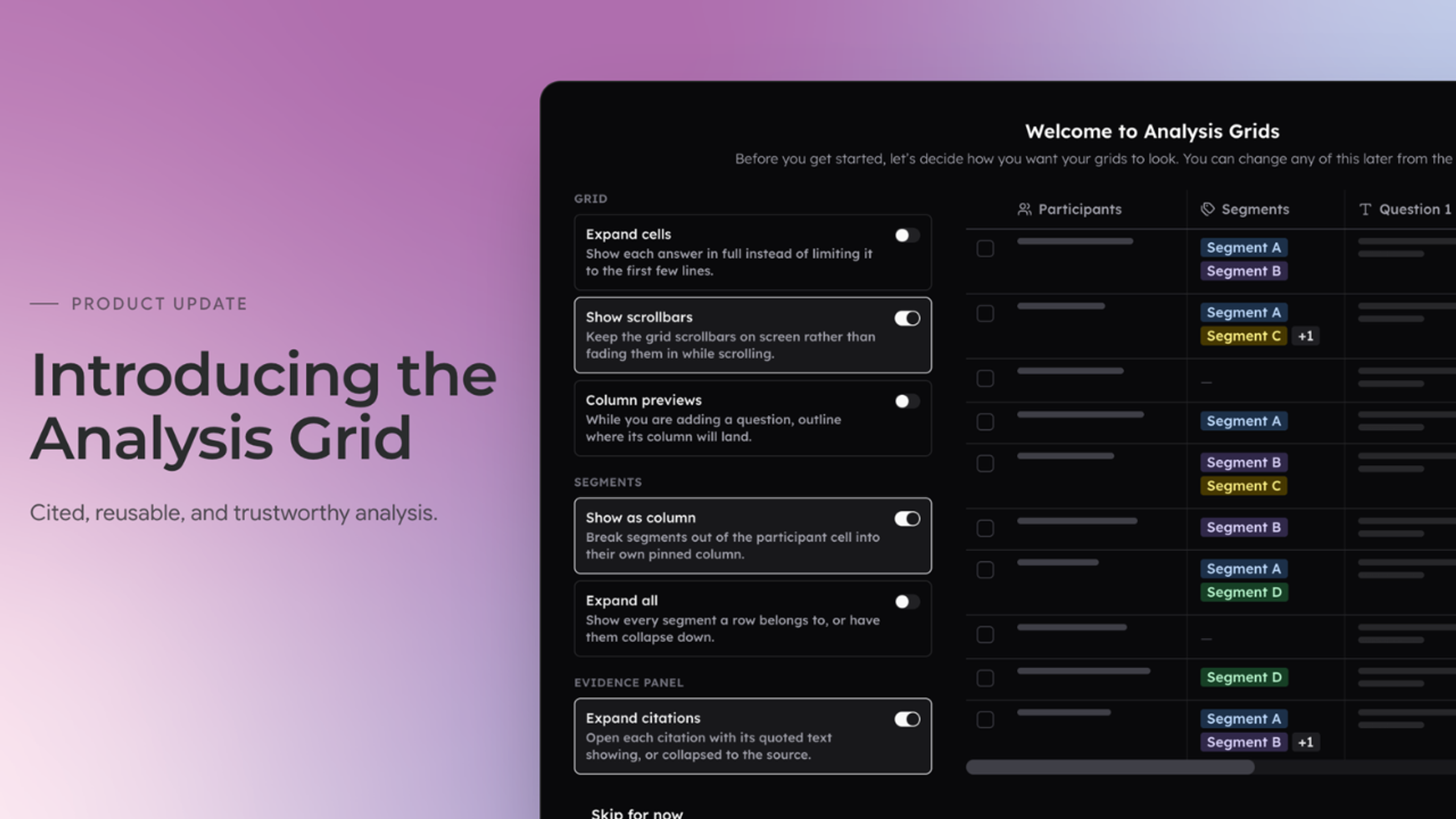 Banner announcing the Analysis Grid, with a preview of its grid setup screen.
