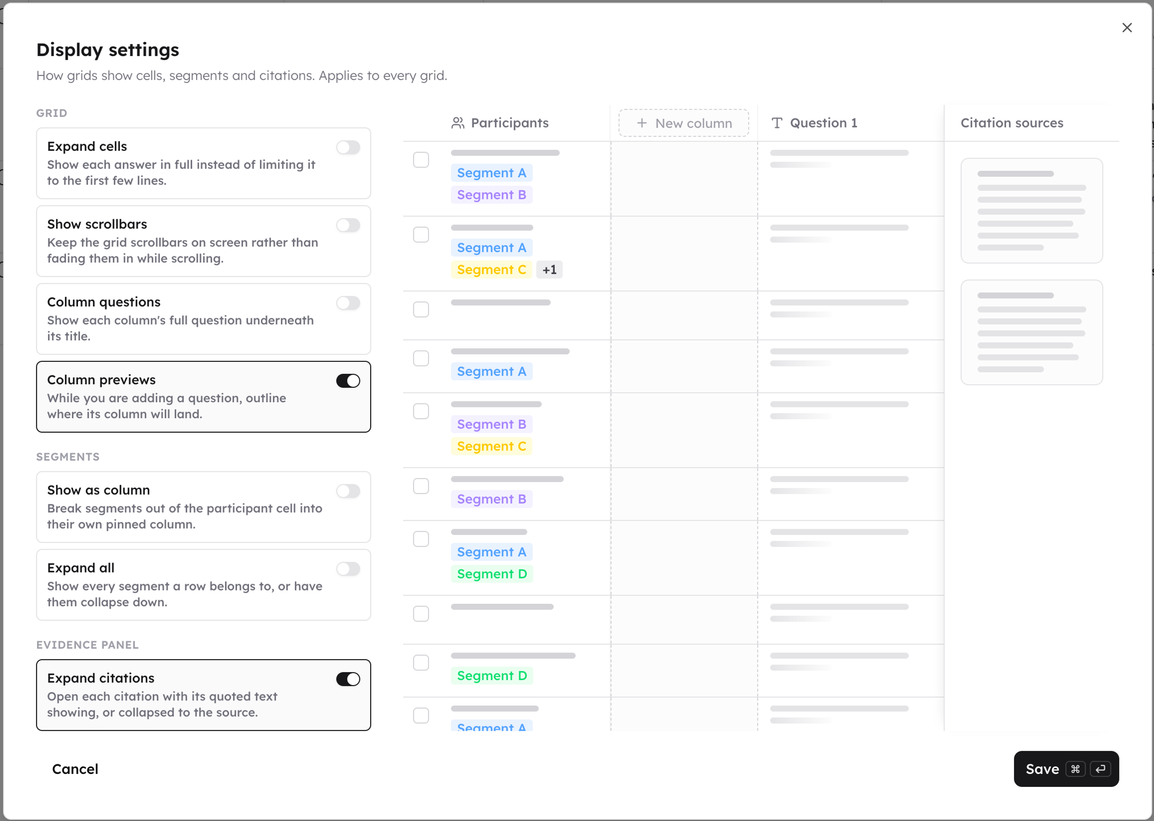Analysis grid display settings, including the Moderator quotes option