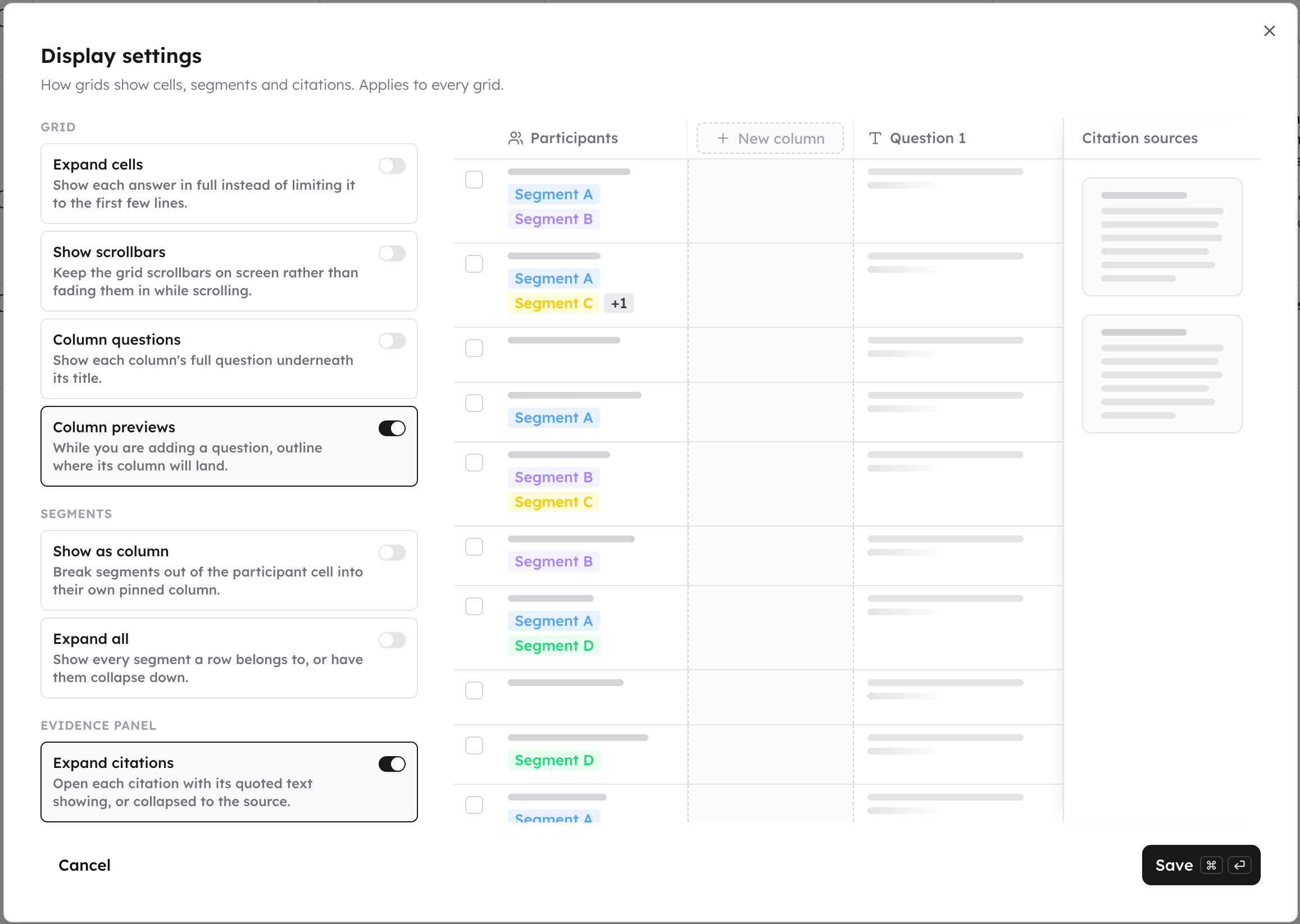 Analysis grid display settings, including the Moderator quotes option