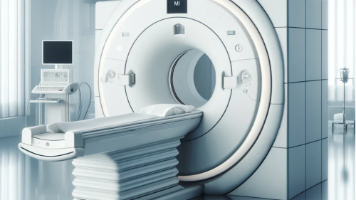 Modern MRI machine in a clean hospital room, showcasing medical engineering with no people or futuristic elements.