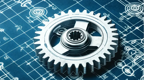 Mechanical engineering blueprint with a simple white sketch of gear and lever systems on a blue background, suitable for professional or educational use.