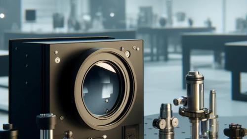 Photorealistic image of an optical test setup in a laser laboratory, featuring a black bench with precision optical components like lenses and mirrors, emphasizing a clean and research-focused environment.