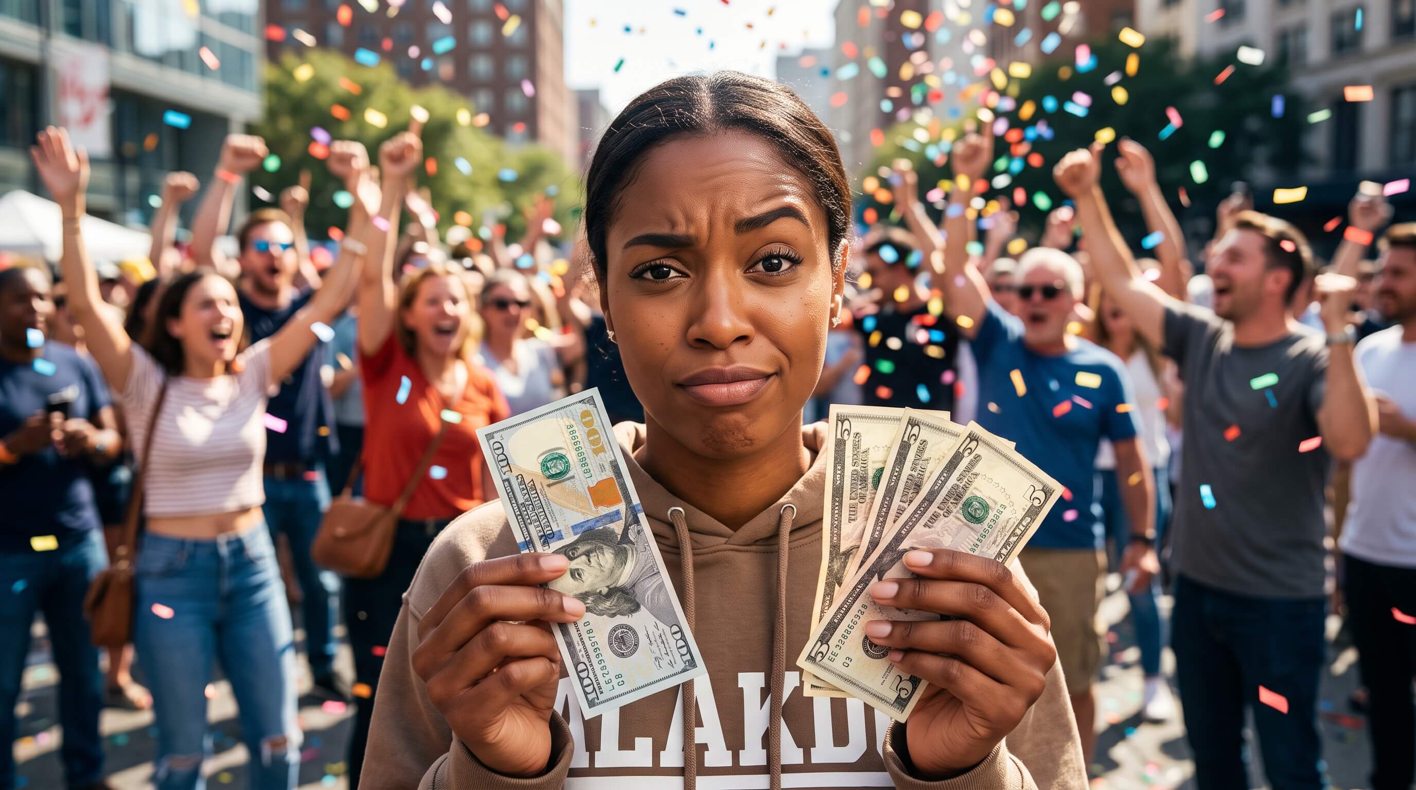 A smiling young man holding an oversized novelty check made out to "Everyone on Earth" for $115.00, surrounded by cheering friends in a city plaza.   