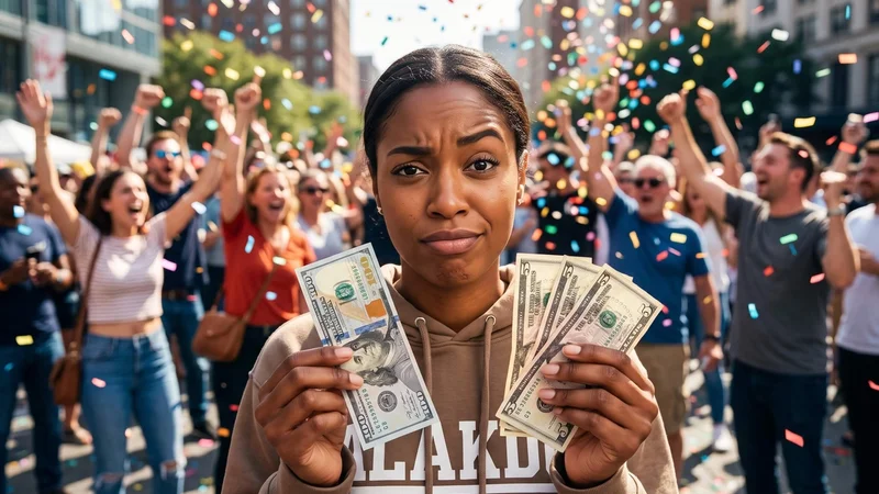 A smiling young man holding an oversized novelty check made out to "Everyone on Earth" for $115.00, surrounded by cheering friends in a city plaza.