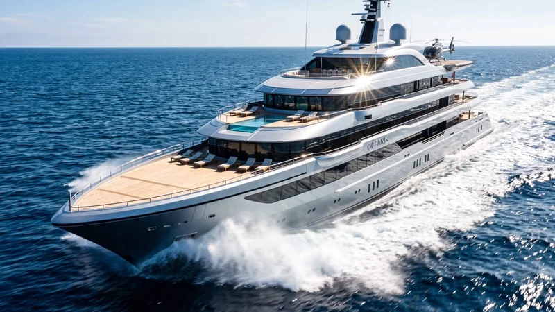 modern superyacht cruising full speed sea spray deep blue water low angle