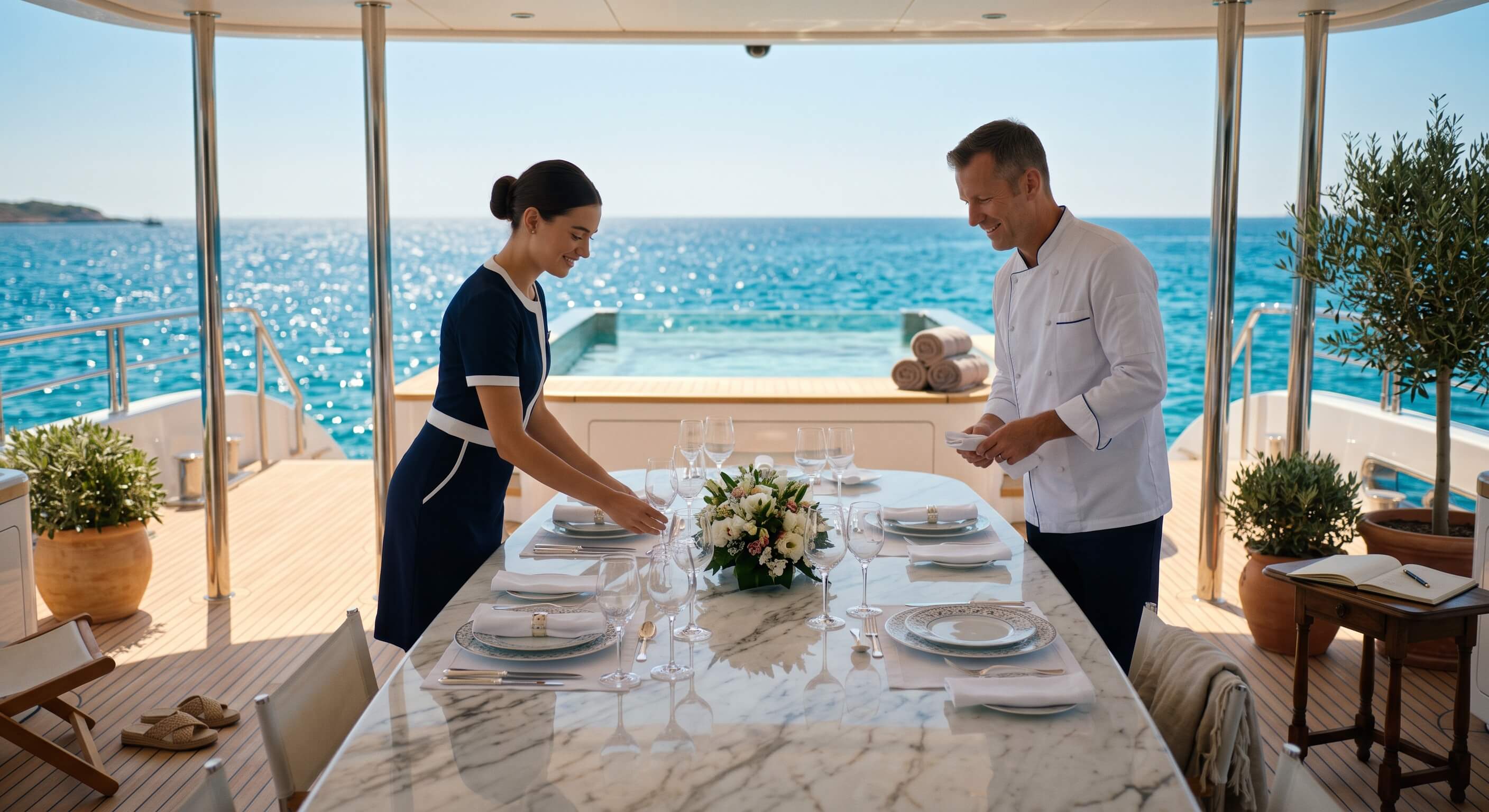 A stewardess and chef smiling as they set a marble dining table on a luxury yacht deck overlooking the ocean.