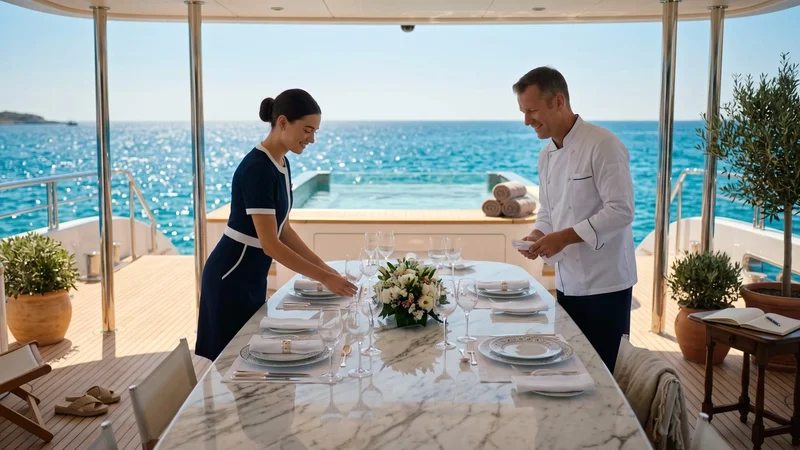 A stewardess and chef smiling as they set a marble dining table on a luxury yacht deck overlooking the ocean.