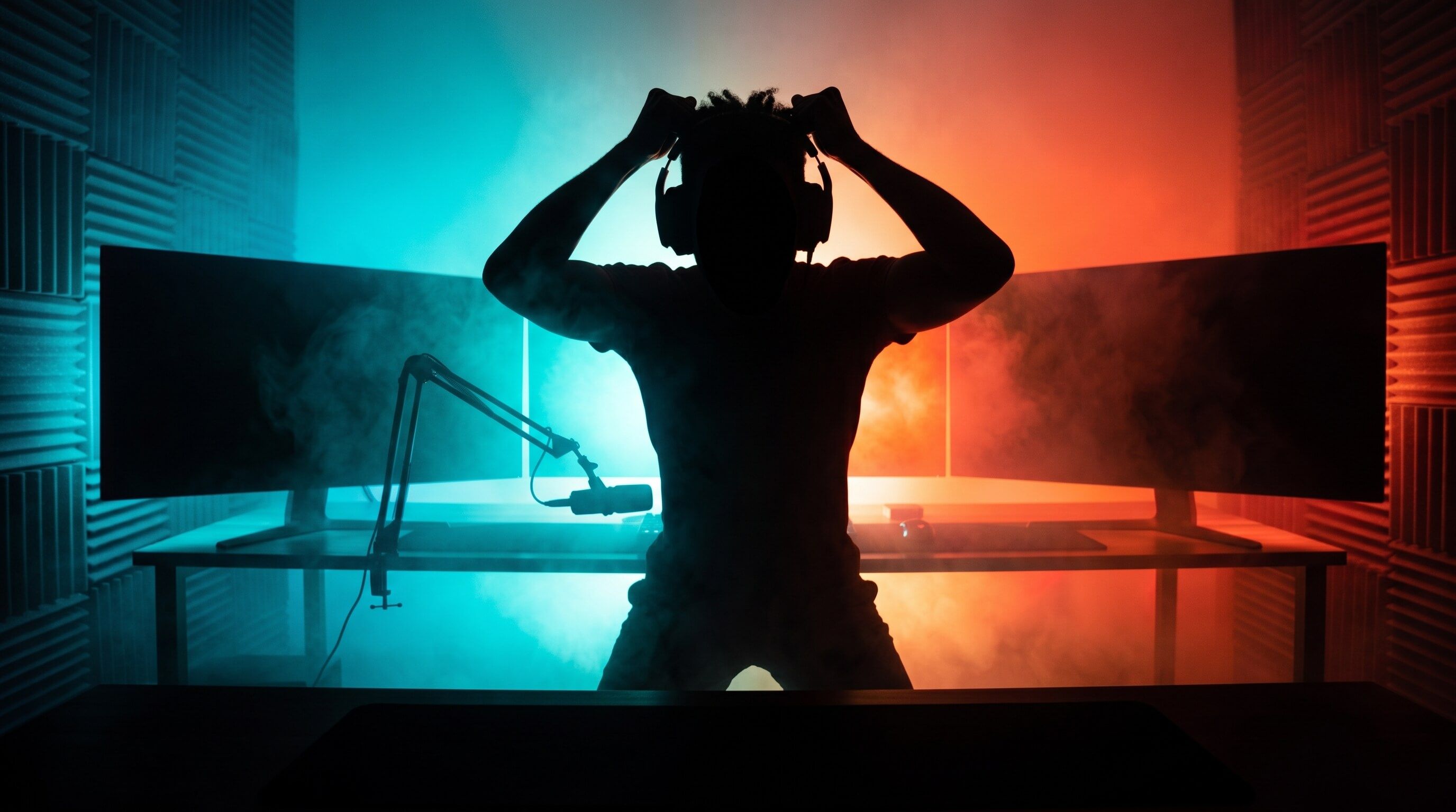 A silhouette of a person wearing headphones in front of a dual-monitor computer desk with blue and red lighting.