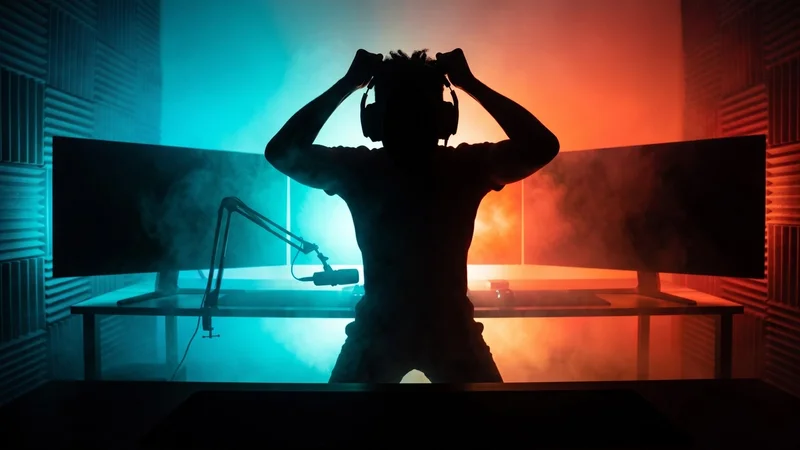 A silhouette of a person wearing headphones in front of a dual-monitor computer desk with blue and red lighting.