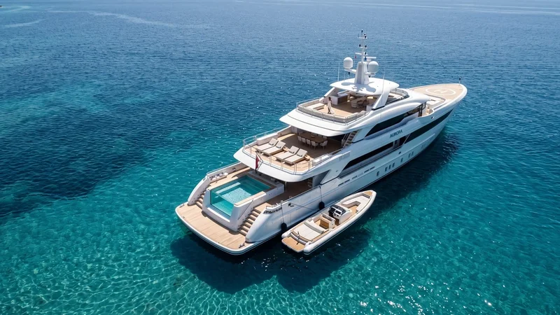 High-angle aerial view of a luxury white superyacht with a glass-walled pool and tender boat anchored in clear turquoise water.