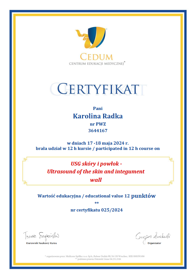 Certyfikat ukończenia kursu USG powłok ciała.