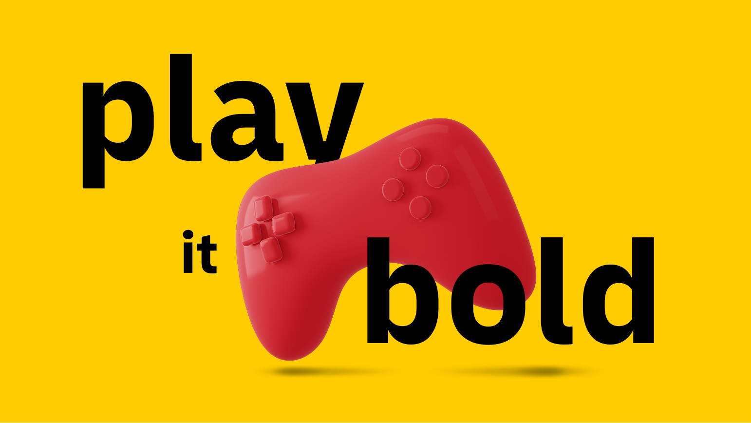 Schwebender roter Game Controller auf gelbem Grund mit einblendendem Text „play it red“.