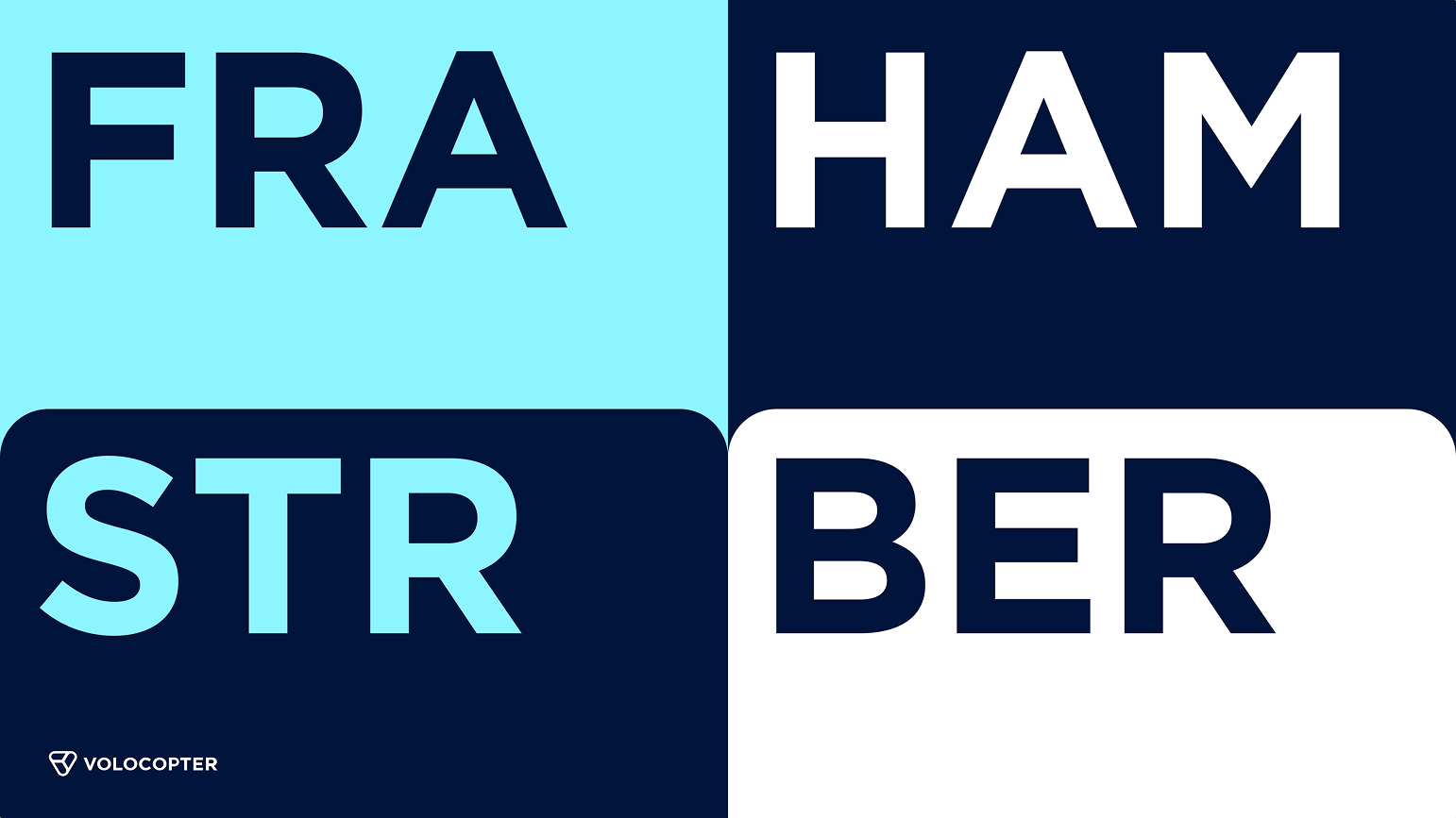 Städtekürzel FRA, HAM, STR, BER in neuer Typografie auf Bright Blue, Dark Blue und Weiß zeigt Layoutprinzip mit oberen abgerundeten Ecken, die an mobile Tickets erinnern